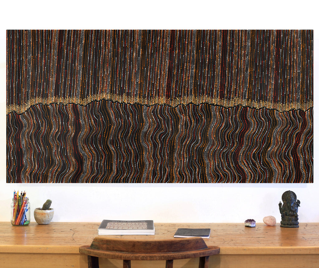 Aboriginal Artwork by Chantelle Nampijinpa Robertson, Ngapa Jukurrpa (Water Dreaming) - Puyurru, 152x76cm