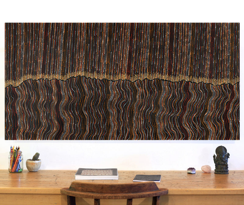 Aboriginal Artwork by Chantelle Nampijinpa Robertson, Ngapa Jukurrpa (Water Dreaming) - Puyurru, 152x76cm