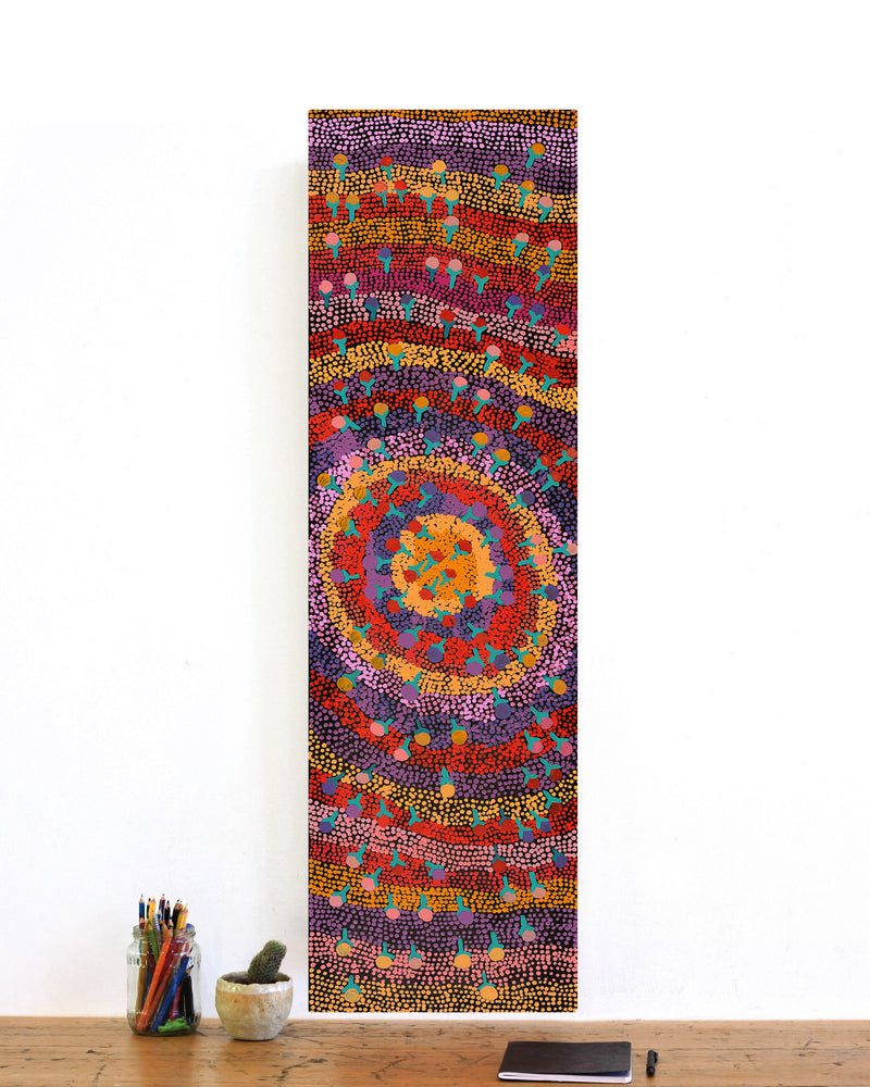 Aboriginal Artwork by Charlene Napanangka Marshall, Wanakiji Jukurrpa (Bush Tomato Dreaming), 107x30cm