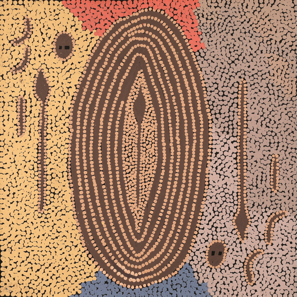 Aboriginal Artwork by Denny Jampijinpa Frank, Wati-jarra Jukurrpa (Two Men Dreaming), 46x46cm