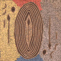 Aboriginal Artwork by Denny Jampijinpa Frank, Wati-jarra Jukurrpa (Two Men Dreaming), 46x46cm