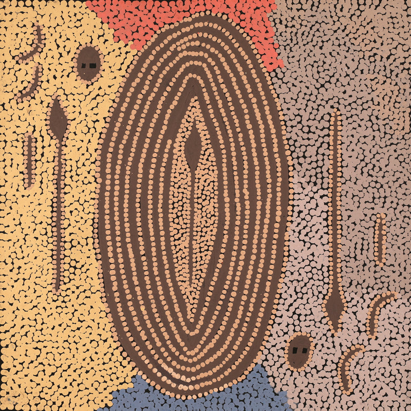Aboriginal Artwork by Denny Jampijinpa Frank, Wati-jarra Jukurrpa (Two Men Dreaming), 46x46cm