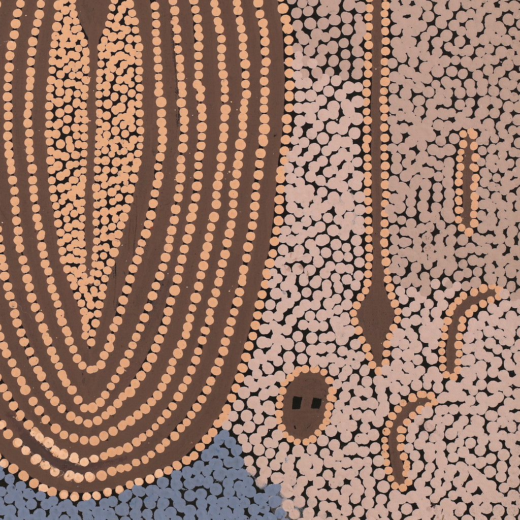 Aboriginal Artwork by Denny Jampijinpa Frank, Wati-jarra Jukurrpa (Two Men Dreaming), 46x46cm