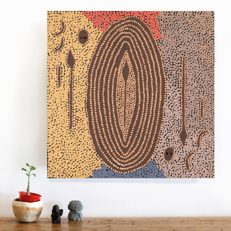 Aboriginal Artwork by Denny Jampijinpa Frank, Wati-jarra Jukurrpa (Two Men Dreaming), 46x46cm
