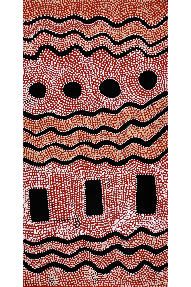 Aboriginal Artwork by Desmond Japangardi Williams, Ngapa Jukurrpa - Pirlinyarnu, 91x46cm