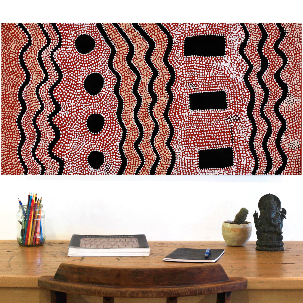 Aboriginal Artwork by Desmond Japangardi Williams, Ngapa Jukurrpa - Pirlinyarnu, 91x46cm
