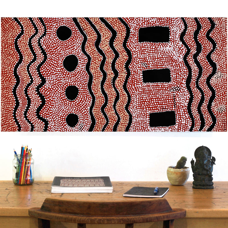 Aboriginal Artwork by Desmond Japangardi Williams, Ngapa Jukurrpa - Pirlinyarnu, 91x46cm