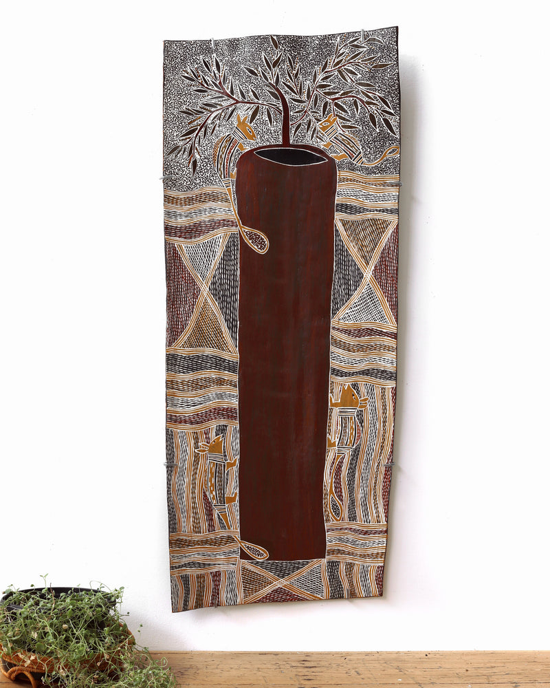 Aboriginal Artwork by Datjuluma Guyula Caroline, Marawili Tree, 109x45cm Bark