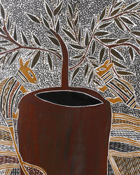 Aboriginal Artwork by Datjuluma Guyula Caroline, Marawili Tree, 109x45cm Bark