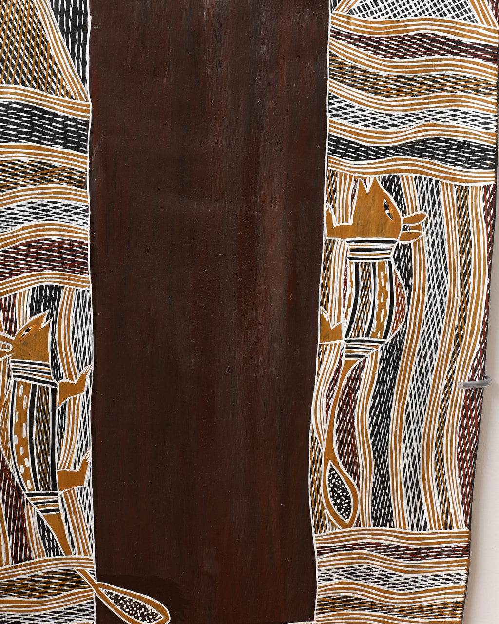 Aboriginal Artwork by Datjuluma Guyula Caroline, Marawili Tree, 109x45cm Bark