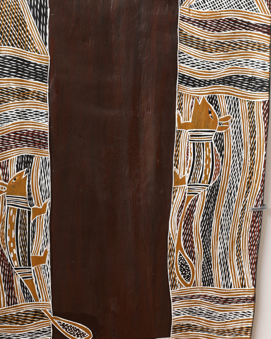 Aboriginal Artwork by Datjuluma Guyula Caroline, Marawili Tree, 109x45cm Bark