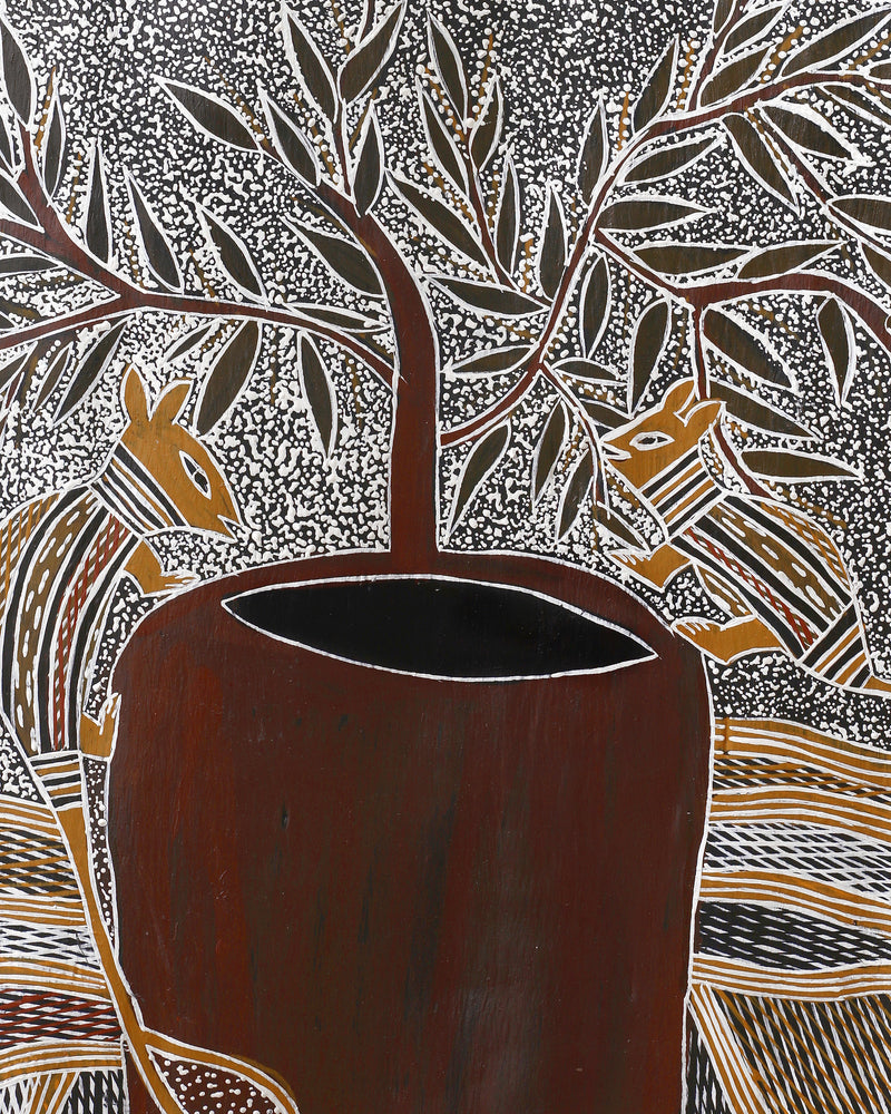 Aboriginal Artwork by Datjuluma Guyula Caroline, Marawili Tree, 109x45cm Bark