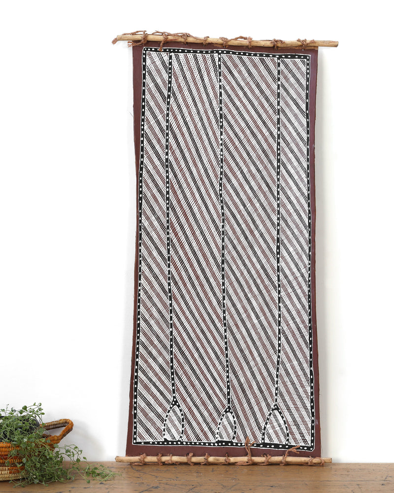 Aboriginal Artwork by Balang David Brian, Man-ngalinj (bush potato), 117x51cm Bark
