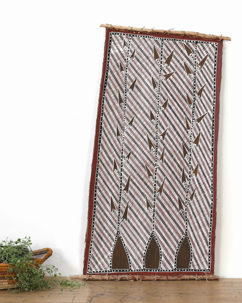 Aboriginal Artwork by Balang David Brian, Man-ngalinj (bush potato), 103x49cm Bark