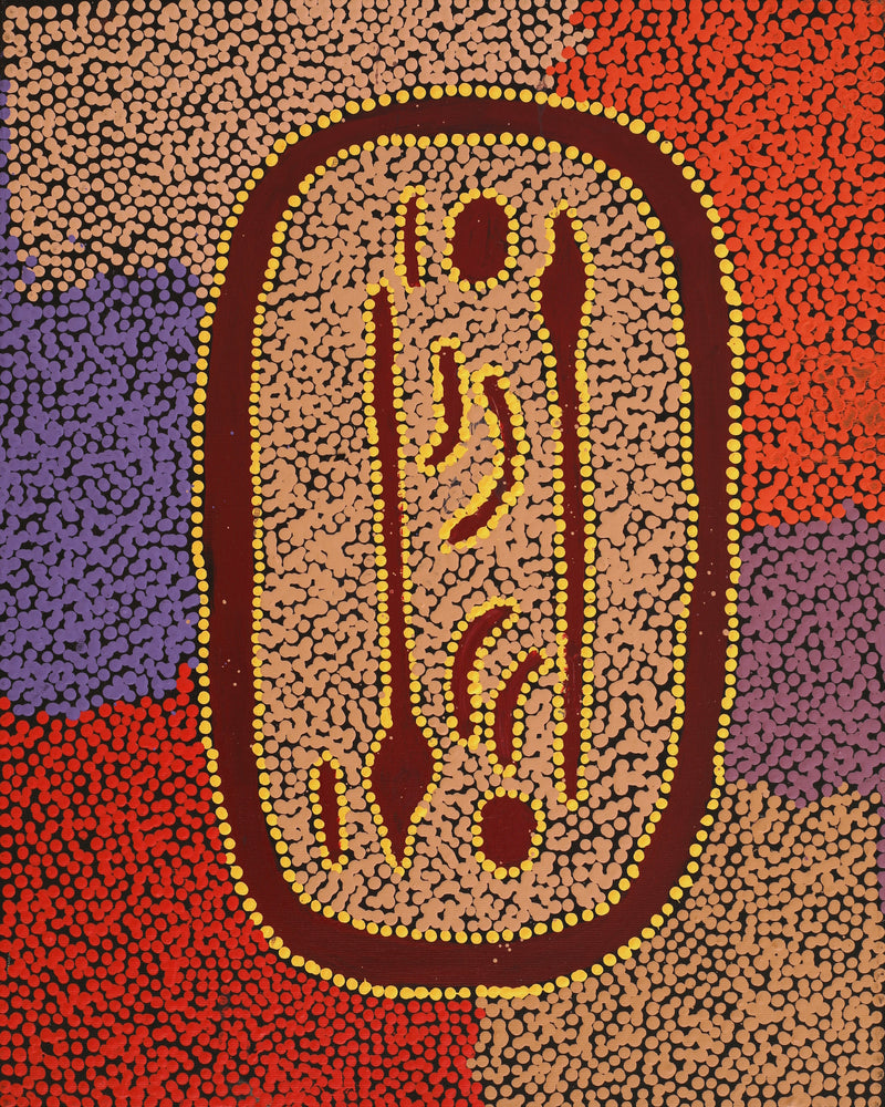 Aboriginal Artwork by Denny Jampijinpa Frank, Wati-jarra Jukurrpa (Two Men Dreaming), 50x40cm