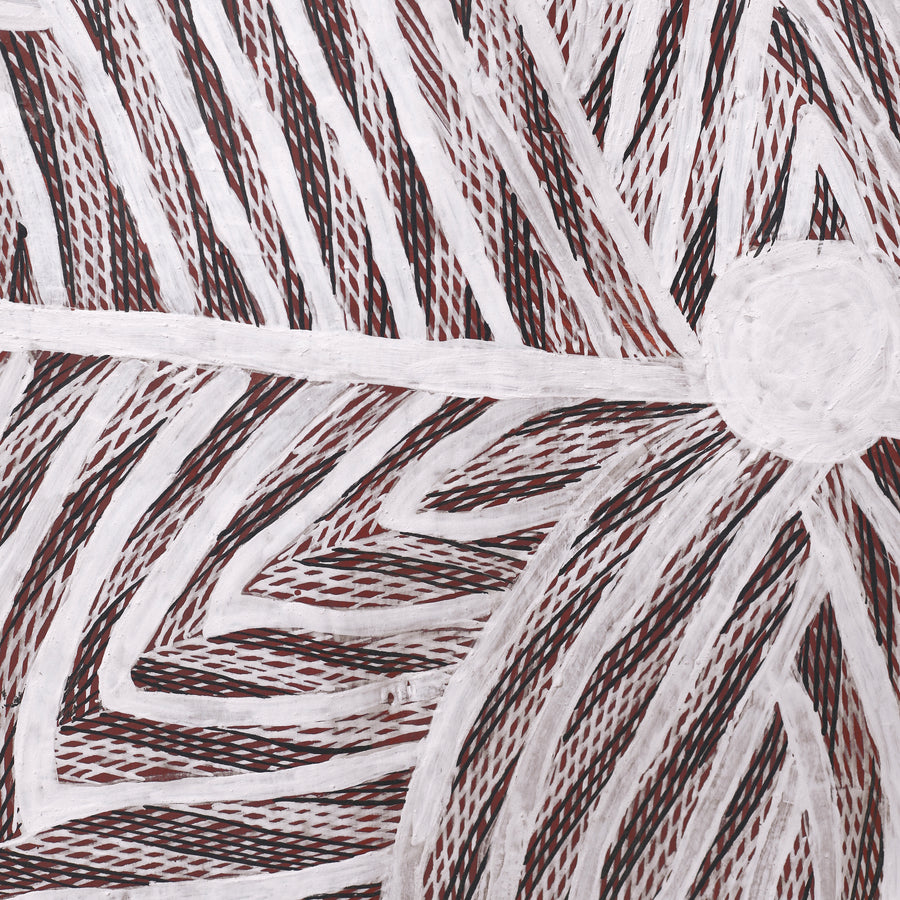 Aboriginal Artwork by Dhuwarrwarr Marika, Yambirrpa, 144x64cm Bark