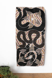 Aboriginal Artwork by Djul’djul Gurruwiwi Susan Wunuŋmurra, Witij - Rainbow Serpent, 96x48cm Bark