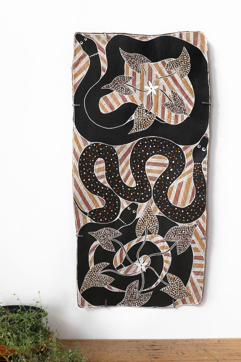 Aboriginal Art by Djul’djul Gurruwiwi Susan Wunuŋmurra, Witij - Rainbow Serpent, 96x48cm Bark - ART ARK®