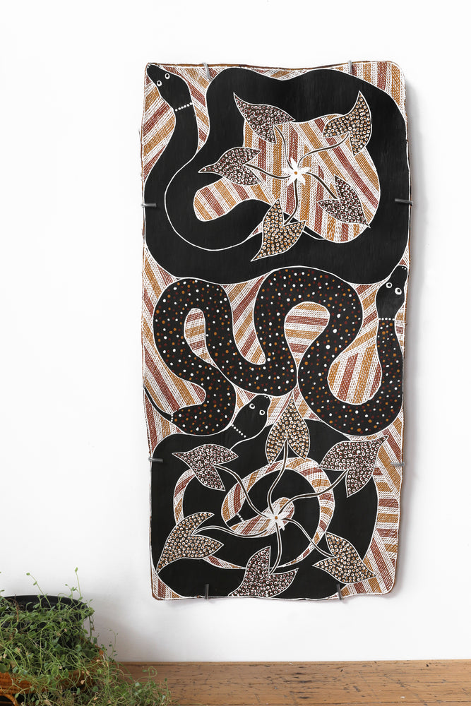 Aboriginal Artwork by Djul’djul Gurruwiwi Susan Wunuŋmurra, Witij - Rainbow Serpent, 96x48cm Bark