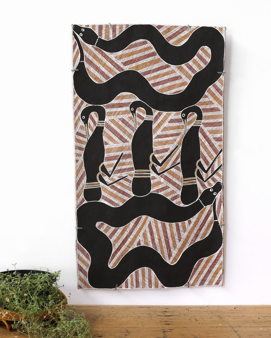 Aboriginal Artwork by Djul’djul Gurruwiwi Susan Wunuŋmurra, Djaykuŋ ga Guḏurrku, 88x49cm Bark