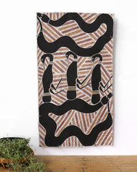 Aboriginal Artwork by Djul’djul Gurruwiwi Susan Wunuŋmurra, Djaykuŋ ga Guḏurrku, 88x49cm Bark