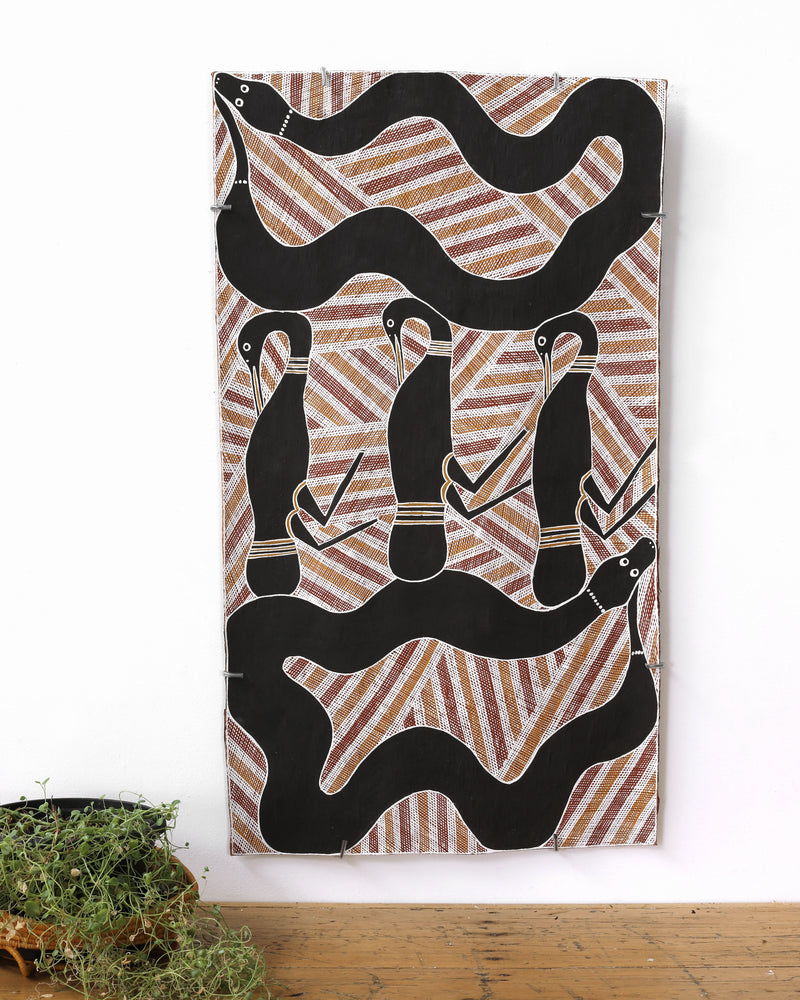 Aboriginal Artwork by Djul’djul Gurruwiwi Susan Wunuŋmurra, Djaykuŋ ga Guḏurrku, 88x49cm Bark