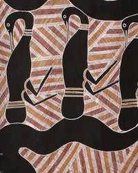 Aboriginal Artwork by Djul’djul Gurruwiwi Susan Wunuŋmurra, Djaykuŋ ga Guḏurrku, 88x49cm Bark