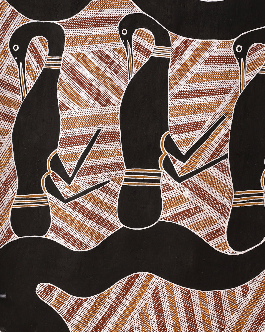 Aboriginal Artwork by Djul’djul Gurruwiwi Susan Wunuŋmurra, Djaykuŋ ga Guḏurrku, 88x49cm Bark