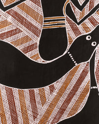 Aboriginal Artwork by Djul’djul Gurruwiwi Susan Wunuŋmurra, Djaykuŋ ga Guḏurrku, 88x49cm Bark