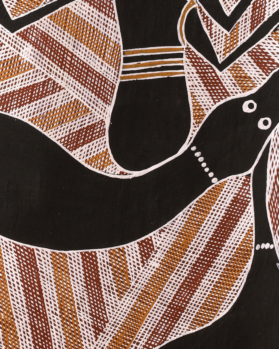 Aboriginal Art by Djul’djul Gurruwiwi Susan Wunuŋmurra, Djaykuŋ ga Guḏurrku, 88x49cm Bark - ART ARK®