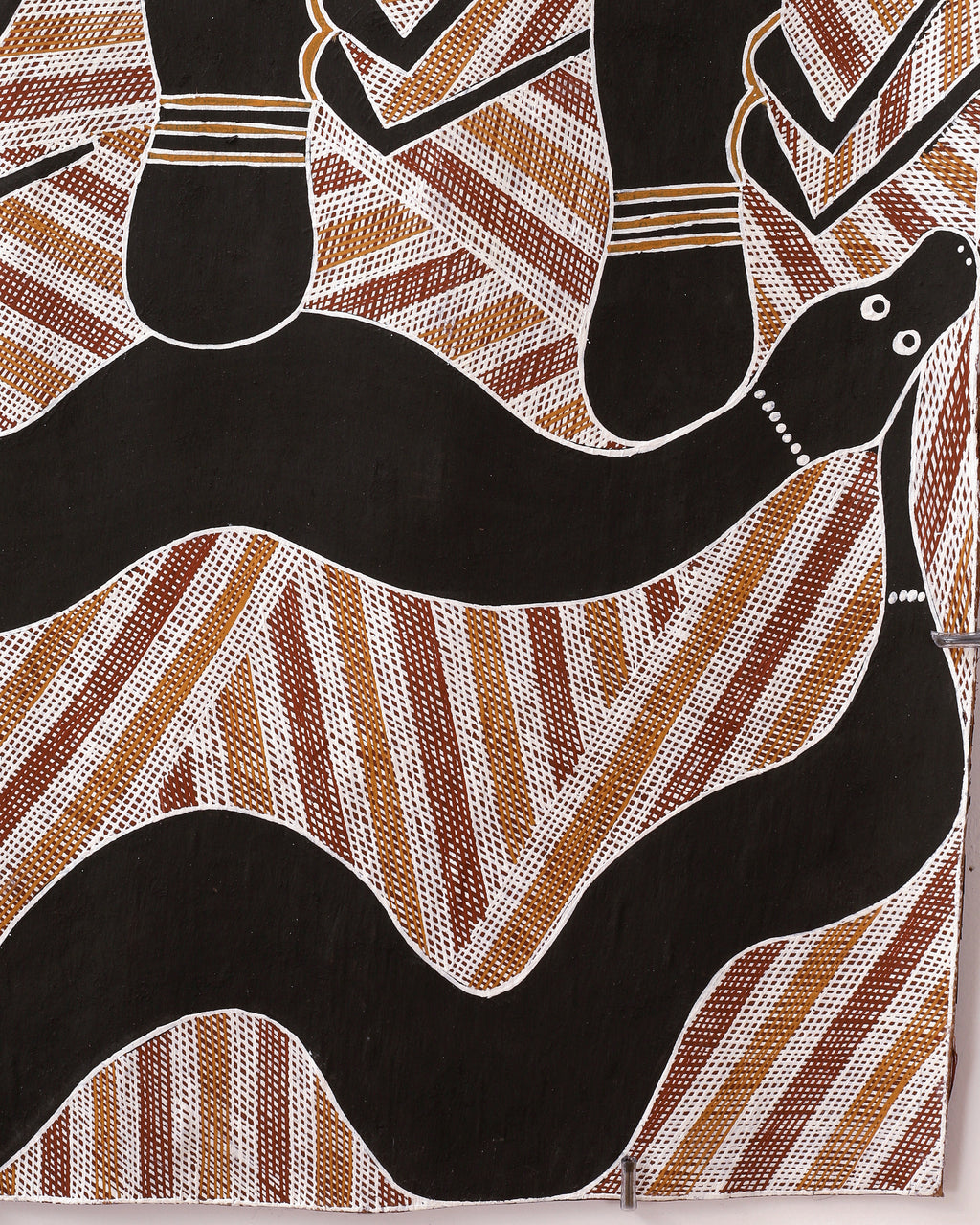 Aboriginal Artwork by Djul’djul Gurruwiwi Susan Wunuŋmurra, Djaykuŋ ga Guḏurrku, 88x49cm Bark