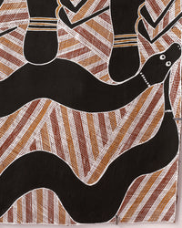 Aboriginal Artwork by Djul’djul Gurruwiwi Susan Wunuŋmurra, Djaykuŋ ga Guḏurrku, 88x49cm Bark