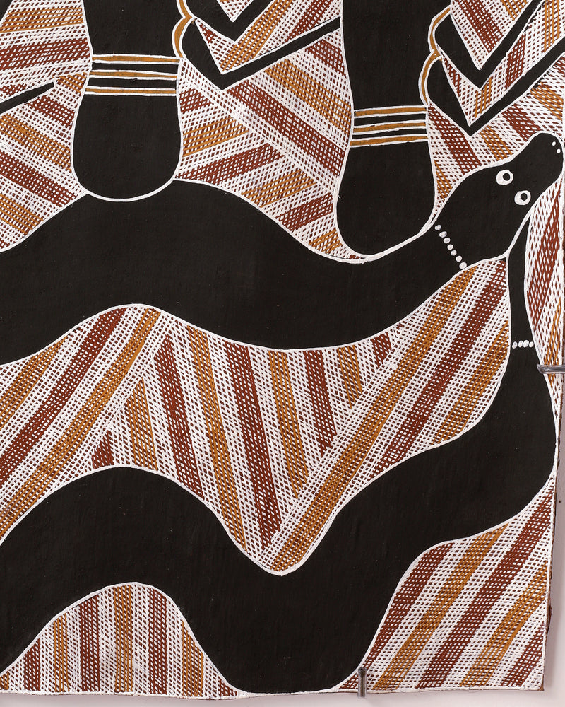Aboriginal Artwork by Djul’djul Gurruwiwi Susan Wunuŋmurra, Djaykuŋ ga Guḏurrku, 88x49cm Bark