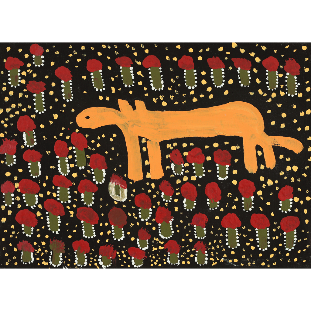 Aboriginal Artwork by Doreen Chapman, Dingo and Wildflowers 56x40.5cm