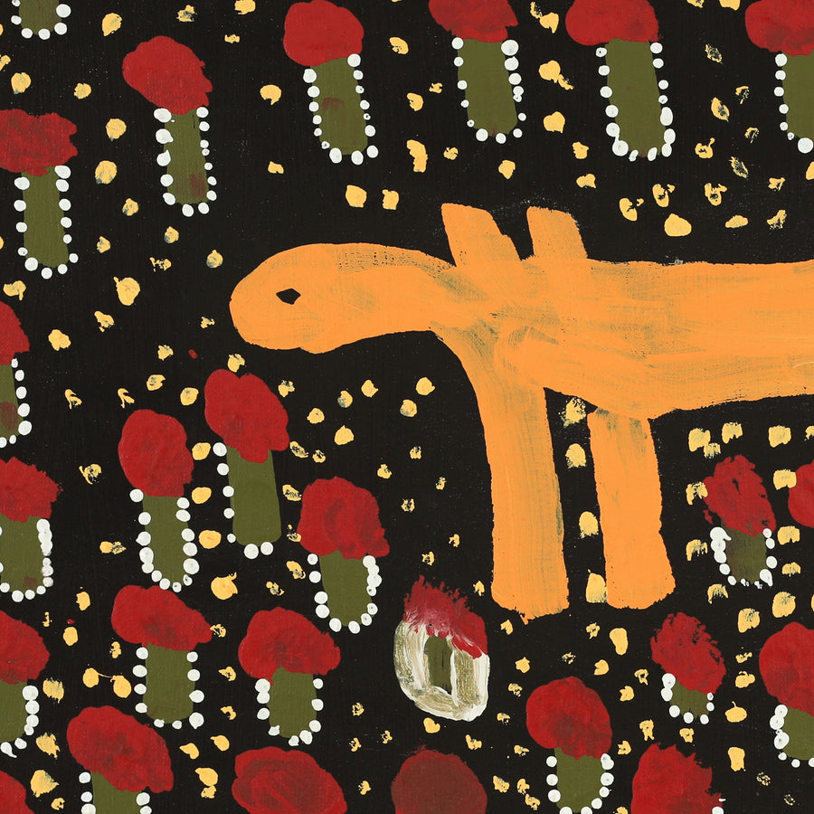 Aboriginal Artwork by Doreen Chapman, Dingo and Wildflowers 56x40.5cm