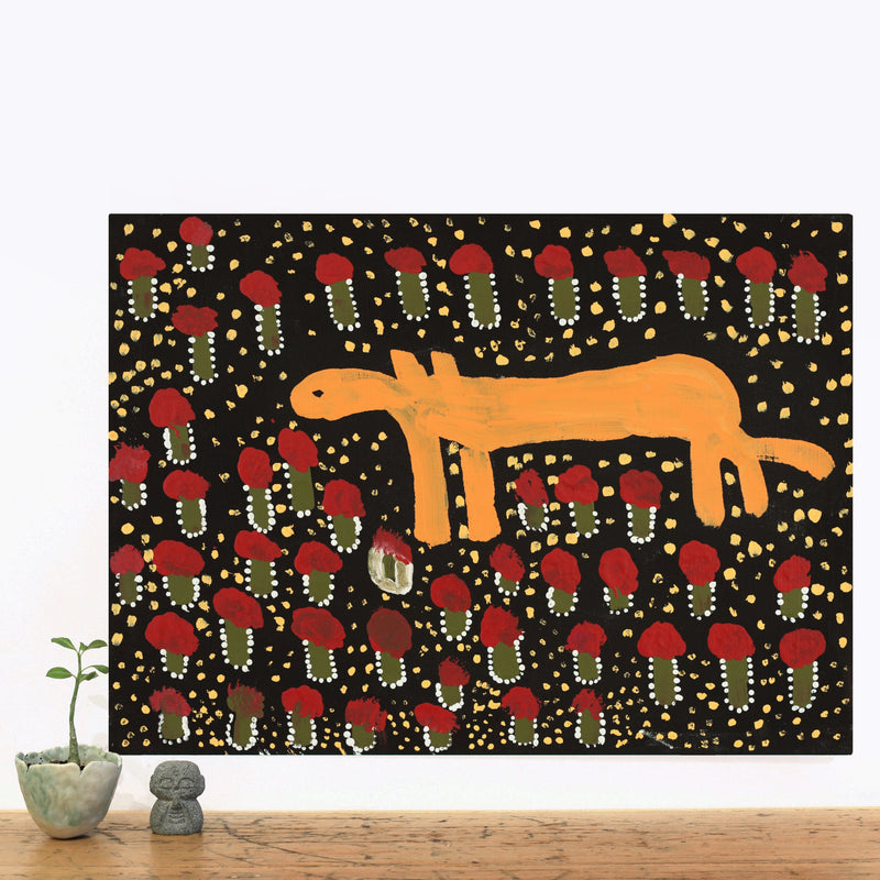 Aboriginal Artwork by Doreen Chapman, Dingo and Wildflowers 56x40.5cm