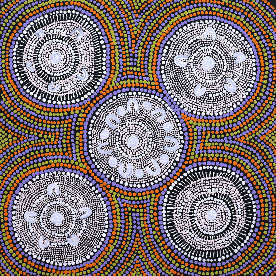 Aboriginal Artwork by Doris Napaljarri Martin, Nguru Yurntumu-wana (Country around Yuendumu), 40x40cm
