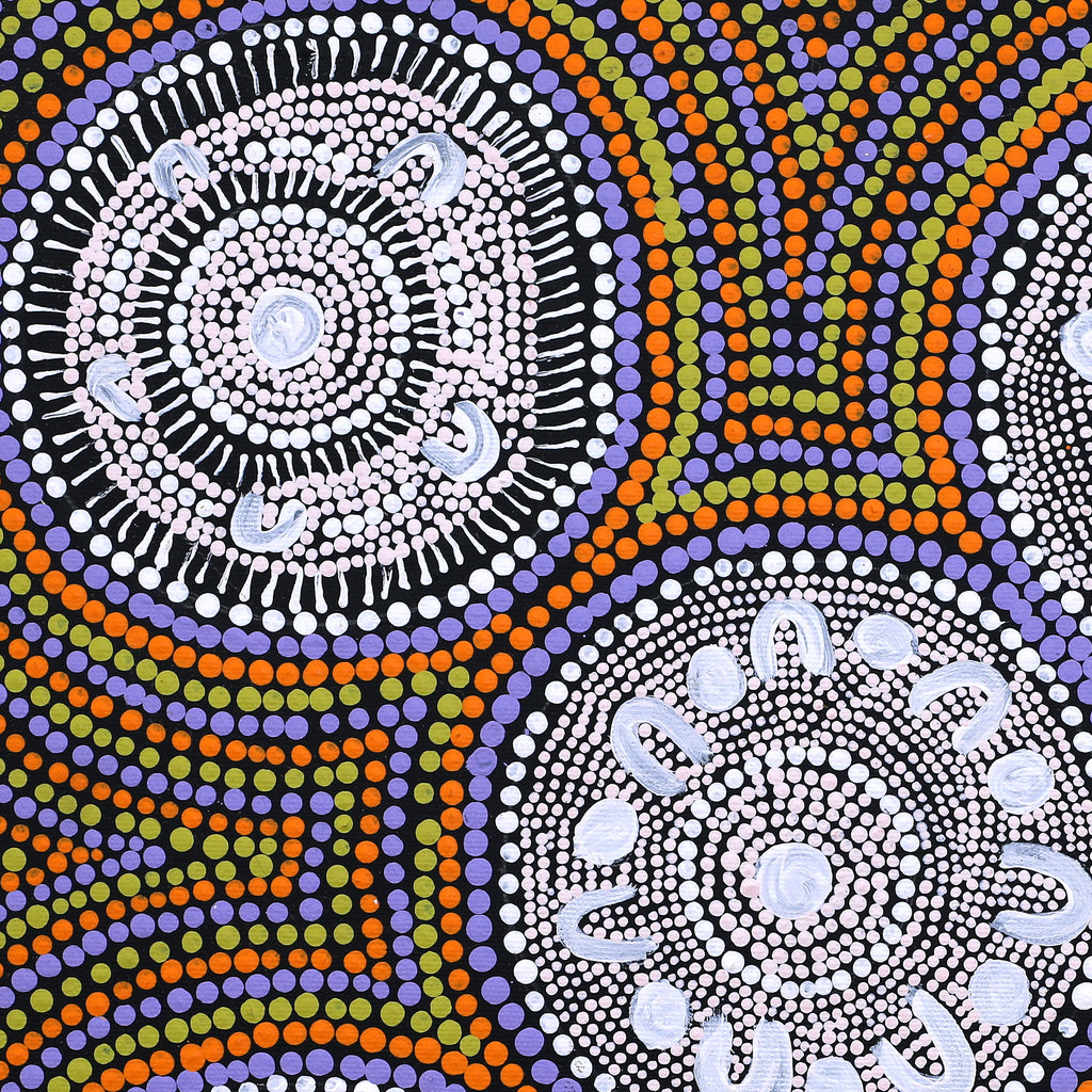 Aboriginal Artwork by Doris Napaljarri Martin, Nguru Yurntumu-wana (Country around Yuendumu), 40x40cm