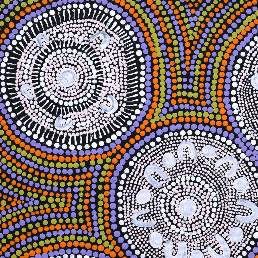 Aboriginal Artwork by Doris Napaljarri Martin, Nguru Yurntumu-wana (Country around Yuendumu), 40x40cm
