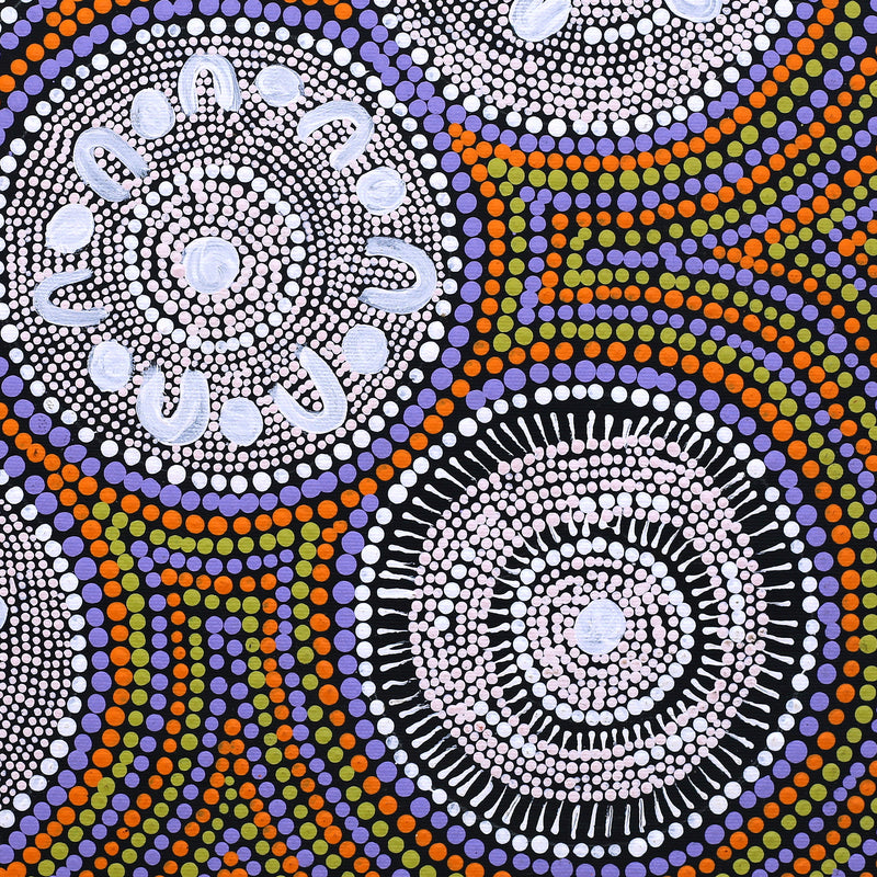 Aboriginal Artwork by Doris Napaljarri Martin, Nguru Yurntumu-wana (Country around Yuendumu), 40x40cm