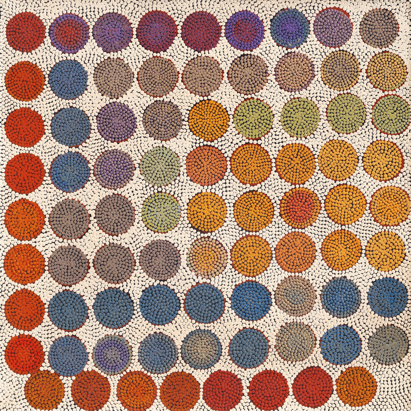 Aboriginal Artwork by Drusilla Nangala Spencer, Watiya-warnu Jukurrpa (Seed Dreaming), 76x76cm