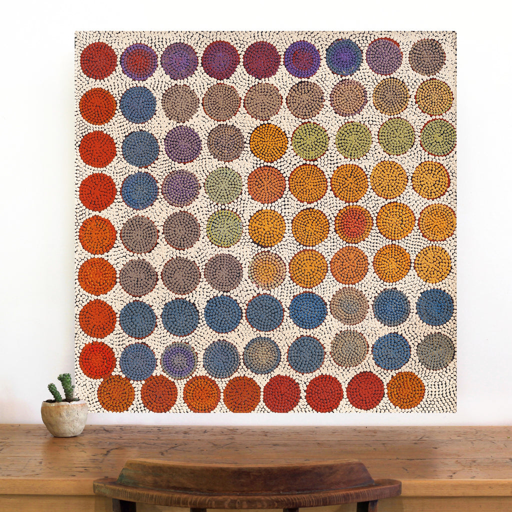 Aboriginal Artwork by Drusilla Nangala Spencer, Watiya-warnu Jukurrpa (Seed Dreaming), 76x76cm