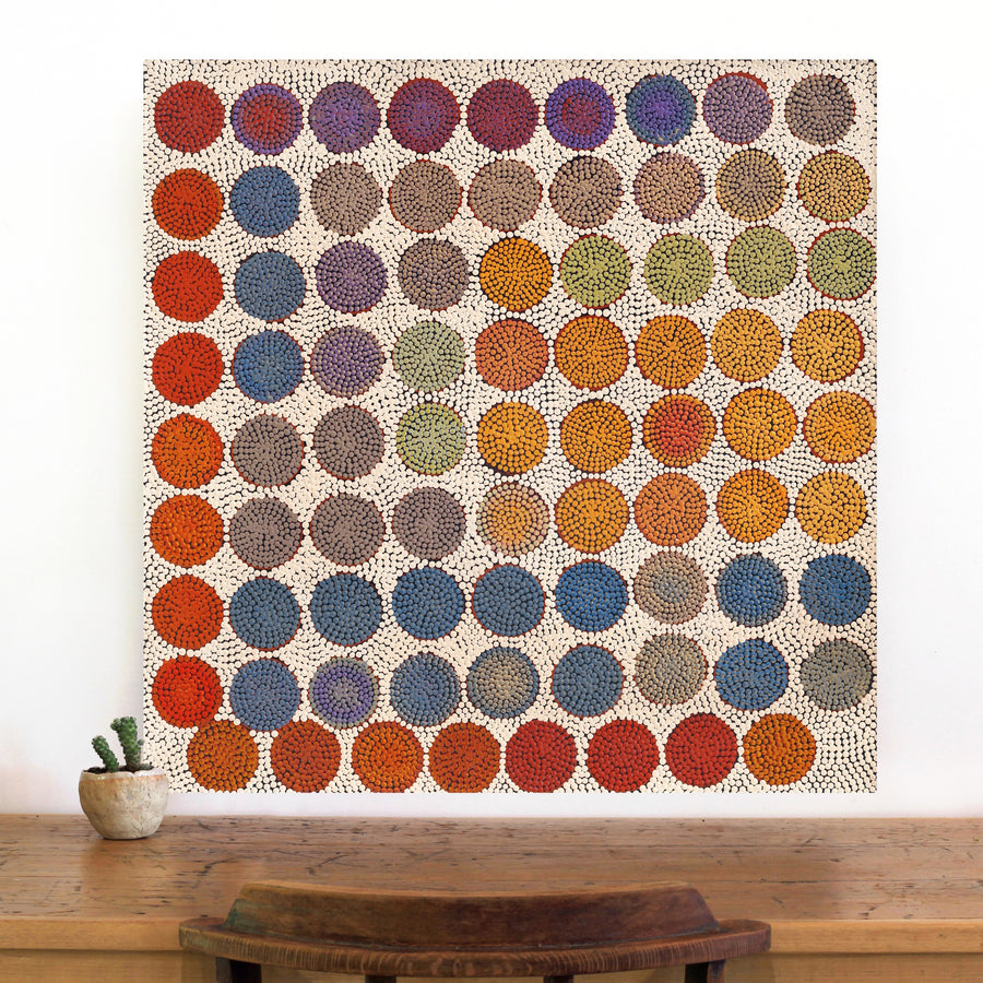 Aboriginal Artwork by Drusilla Nangala Spencer, Watiya-warnu Jukurrpa (Seed Dreaming), 76x76cm