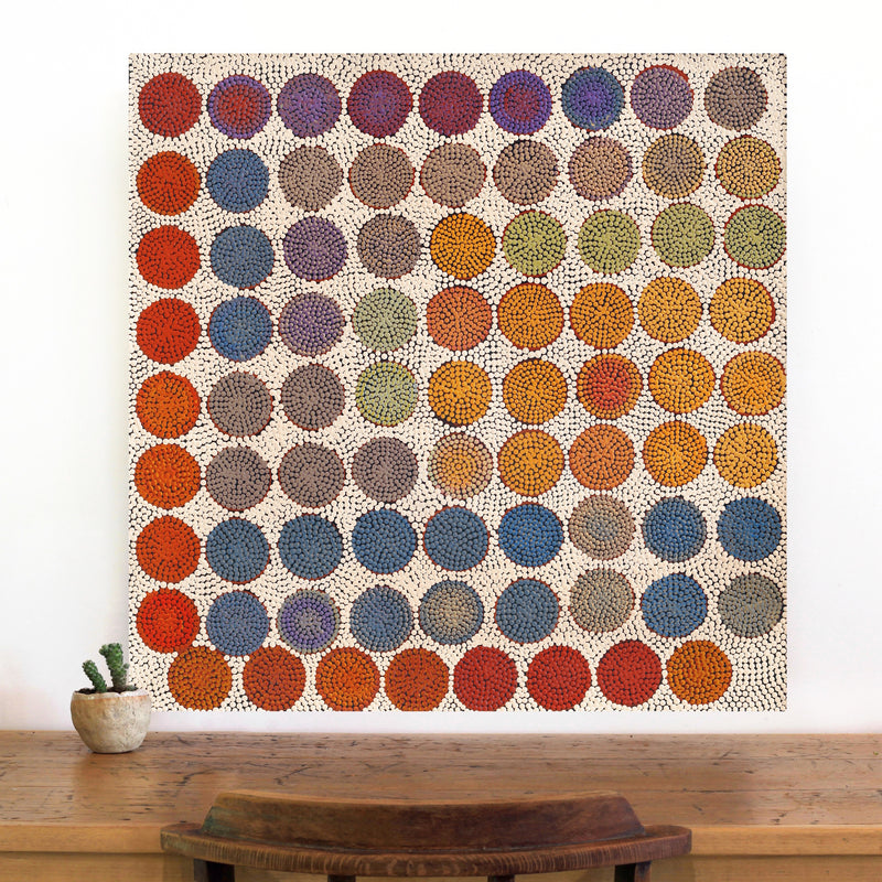 Aboriginal Artwork by Drusilla Nangala Spencer, Watiya-warnu Jukurrpa (Seed Dreaming), 76x76cm