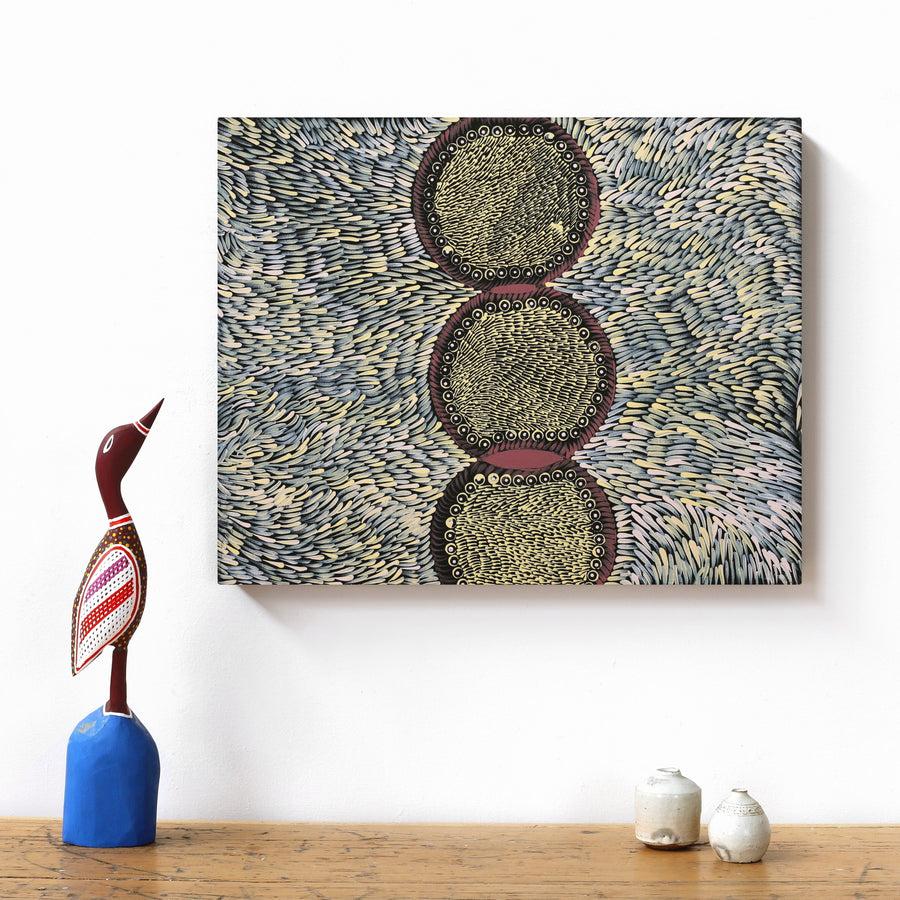 Aboriginal Artwork by Drusilla Nangala Spencer, Watiya-warnu Jukurrpa (Seed Dreaming), 50x40cm
