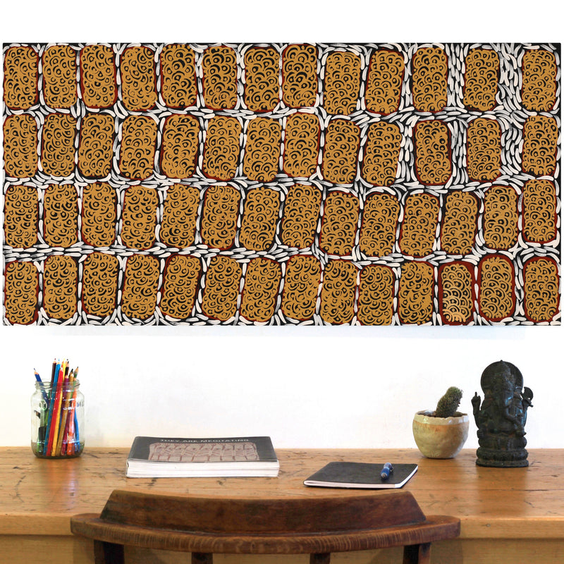 Aboriginal Artwork by Drusilla Nangala Spencer, Watiya-warnu Jukurrpa (Seed Dreaming), 91x46cm