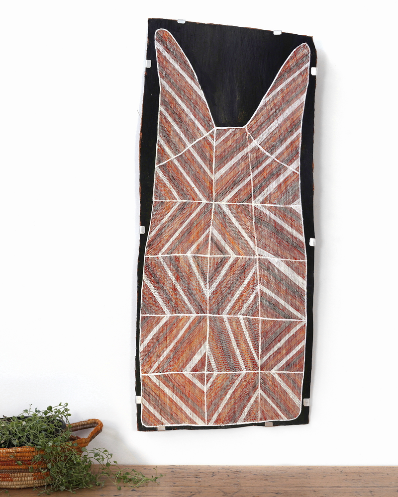 Aboriginal Artwork by Eileena Lamanga, Wak Wak, 104x43cm Bark Painting