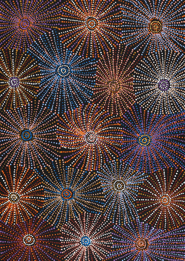 Aboriginal Artwork by Evelyn Nangala Robertson, Ngapa Jukurrpa - Puyurru, 107x76cm