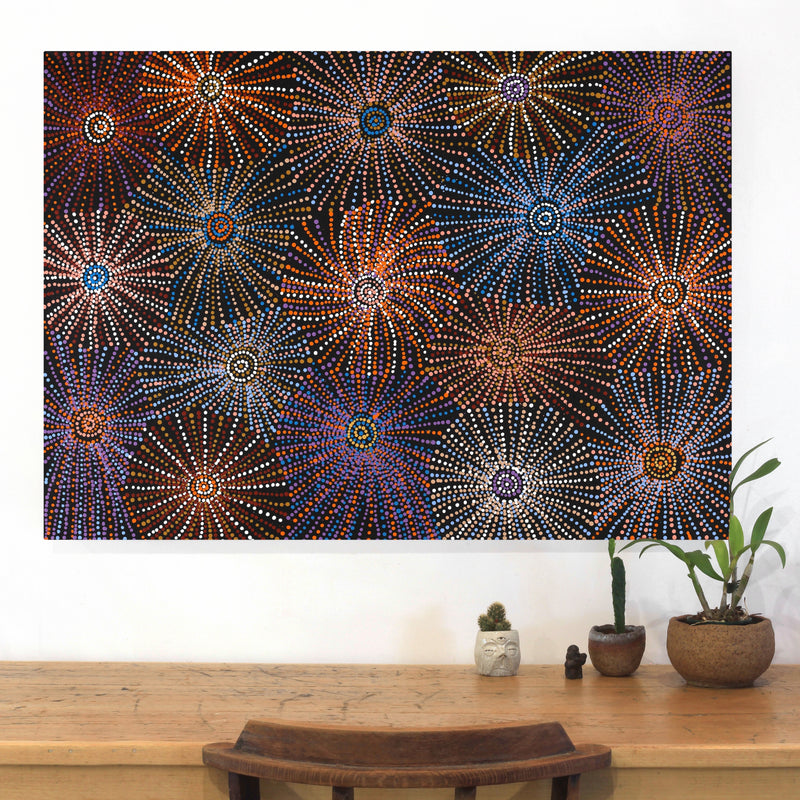 Aboriginal Artwork by Evelyn Nangala Robertson, Ngapa Jukurrpa - Puyurru, 107x76cm