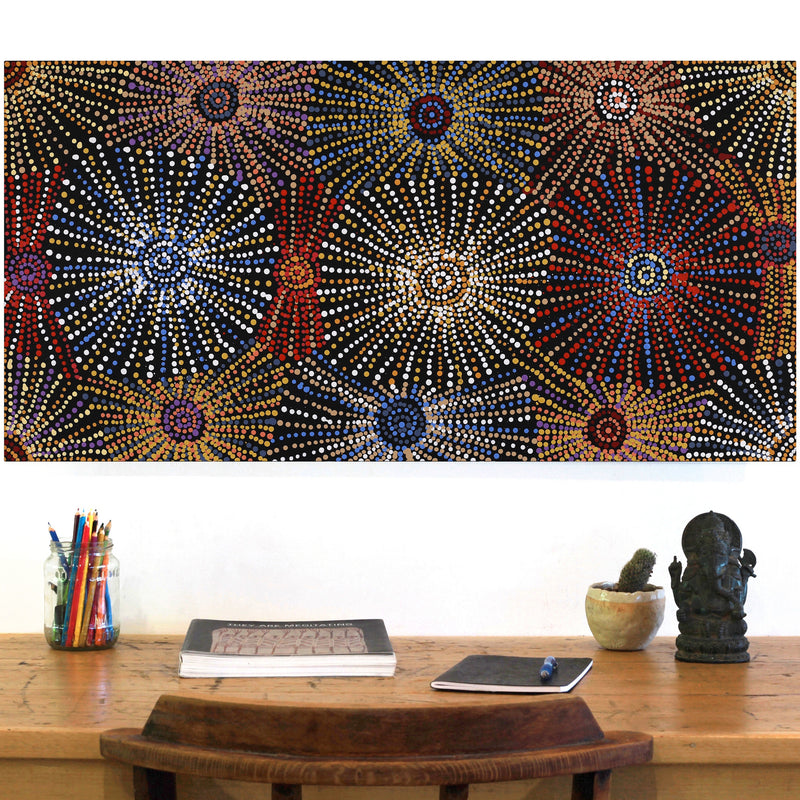 Aboriginal Artwork by Evelyn Nangala Robertson, Ngapa Jukurrpa - Puyurru, 91x46cm